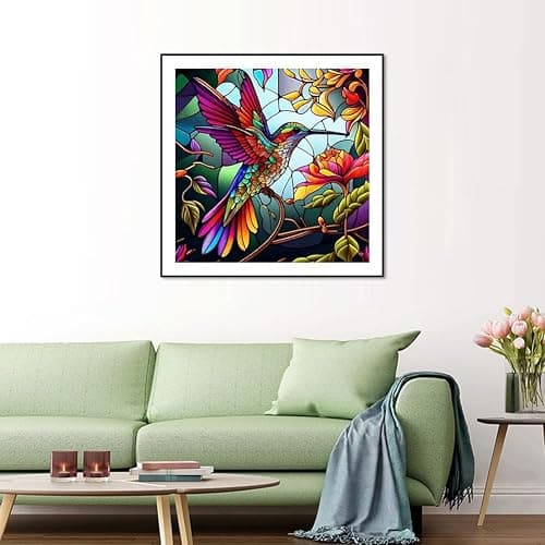 SJUTOUCI Hummingbird Diamond Painting Kits for Adults, Stained Glass Diamond Art Painting Kits, 5D Round Diamond Beads Art Craft for Home Decor Gift 11.8x11.8inch/30x30cm thumbnail 2
