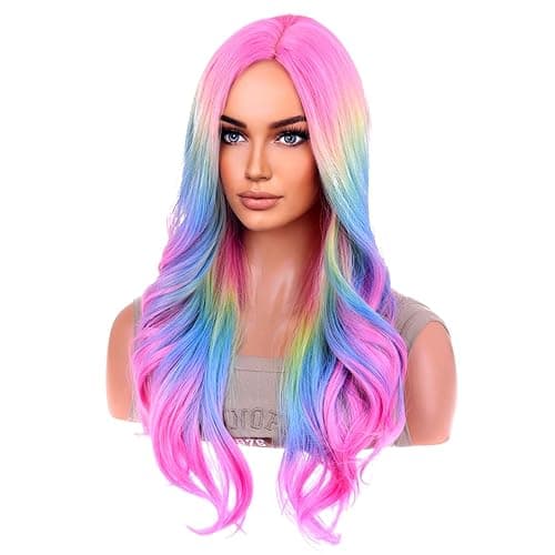 BERON Rainbow Ombre Wigs Long Wavy Wig for Women Colorful Ombre Curly Heat Resistant Synthetic Hair Wigs for Daily Used with Wig Cap - Colorful thumbnail 3