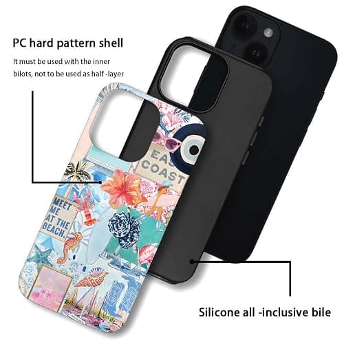 Generic Case Compatible with iPhone 14,Scratch Resistant Hybrid 2-Layer Hard Shell Phone Case,Seashells Beach Summer Jellyfish Collage thumbnail 3
