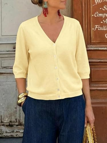 Saodimallsu Womens Half Short Sleeve Cardigans Lightweight V Neck Sweater | Summer Cardigans, Half Short Sleeve, Lightweight Knit, V Neck, Button Down, Casual Sweater Tops thumbnail 4