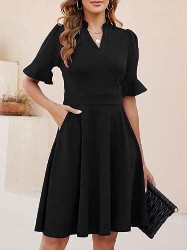 Mokayee Womens Summer V Neck Ruffle Short Sleeve Fit and Flare Knee Length Church Wedding Guest Dresses with Pockets thumbnail 3
