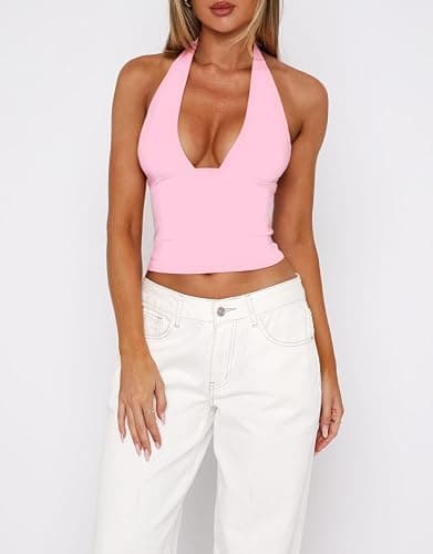 ForeFair Women Sexy Halter Deep V Neck Backless Crop Tank Top Open Back Sleeveless Slim Fit Y2k Summer Tops thumbnail 4