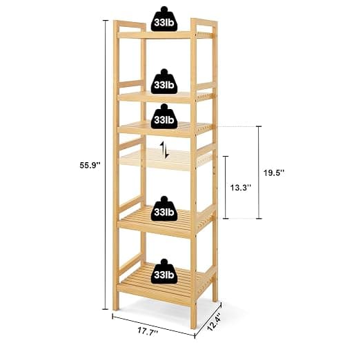 Homykic Bamboo Bookshelf, 5-Tier Narrow 55.9” Adjustable Book Shelf Bookcase Bathroom Shelves Freestanding Storage Stand for Living Room, Bedroom, Kitchen, Rust Resistance, Easy Assembly, Natural thumbnail 3