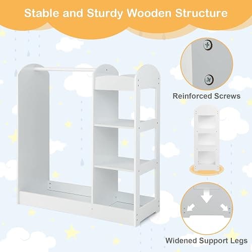 Costzon Kids Dress up Storage with Mirror, Clothes Rack, 3-Tier Shelves, Bottom Tray, Pretend Play Costume Dresser Organizer Center, Open Hanging Armoire Closet for Little Girls (White) thumbnail 6