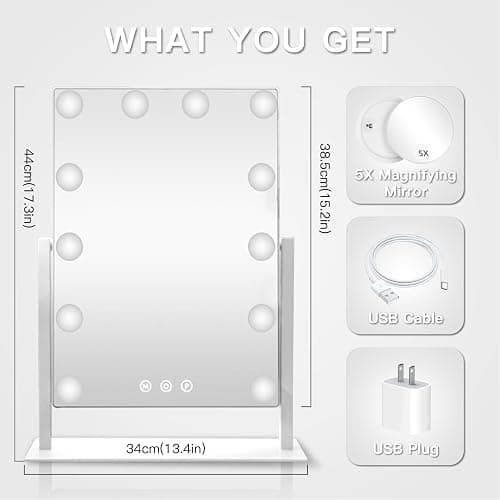 HIEEY Hollywood Vanity Mirror with 12 Dimmable Bulbs Lights, Three Color Lighting Modes, and 5X Magnification, Smart Touch Control, 360°Rotation (White,Gift Box) thumbnail 2