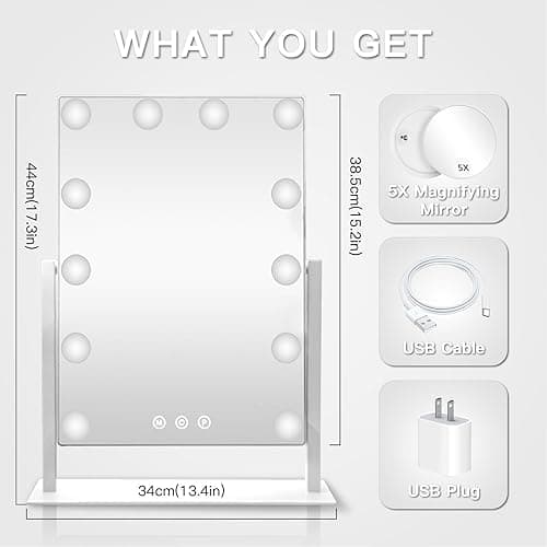 HIEEY Hollywood Vanity Mirror with 12 Dimmable Bulbs Lights, Three Color Lighting Modes, and 5X Magnification, Smart Touch Control, 360°Rotation (White,Gift Box) thumbnail 3