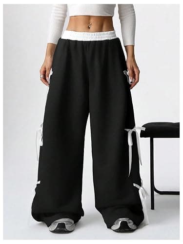 SHENHE Women's Wide Leg Baggy Sweatpants Elastic Waist Tie Bow Pants Loose Long Pants thumbnail 5
