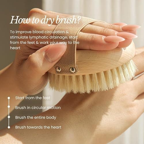 Bare Botanics Dry Body Brush for Lymphatic Drainage - Improve Circulation w/Gentle Exfoliation for Soft Skin - Ergonomically Designed w/Elastic Strap - Soft but Firm Natural Boar Bristles thumbnail 6