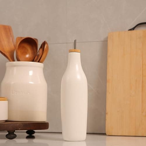 HOMCDALY Ceramic Olive Oil Dispenser for Kitchen, Stoneware 16oz Oil and Vinegar Bottles Dispenser, Kitchen Dispenser Bottle for EVOO Vinegar Syrups, Modern Farmhouse Design(W) thumbnail 2