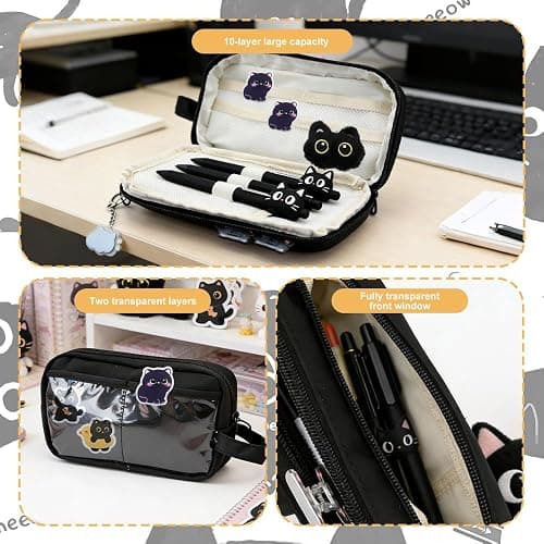 Black Cat Pencil Case,Large Capacity Detachable Multi-Layer Pouch with Zipper,Kawaii Stationery Organiser for School,Office,Kids & Teens,Cute Cats Theme Stationery Gifts for Girls & Boys (Black Cat) thumbnail 5