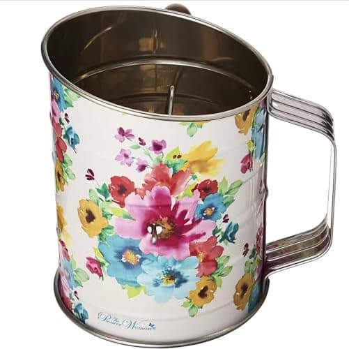 Floral Pattern 3-Cup Stainless Steel Flour Sifter, Hand Crank Design, Fine Mesh Strainer with Measuring Marks for Baking, Watercolor Flower Print thumbnail 3