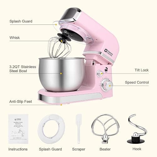 Kitchen in the box Stand Mixer,3.2Qt Small Electric Food Mixer,6 Speeds Portable Lightweight Kitchen Mixer for Daily Use with Egg Whisk,Dough Hook,Flat Beater (Pink) thumbnail 4
