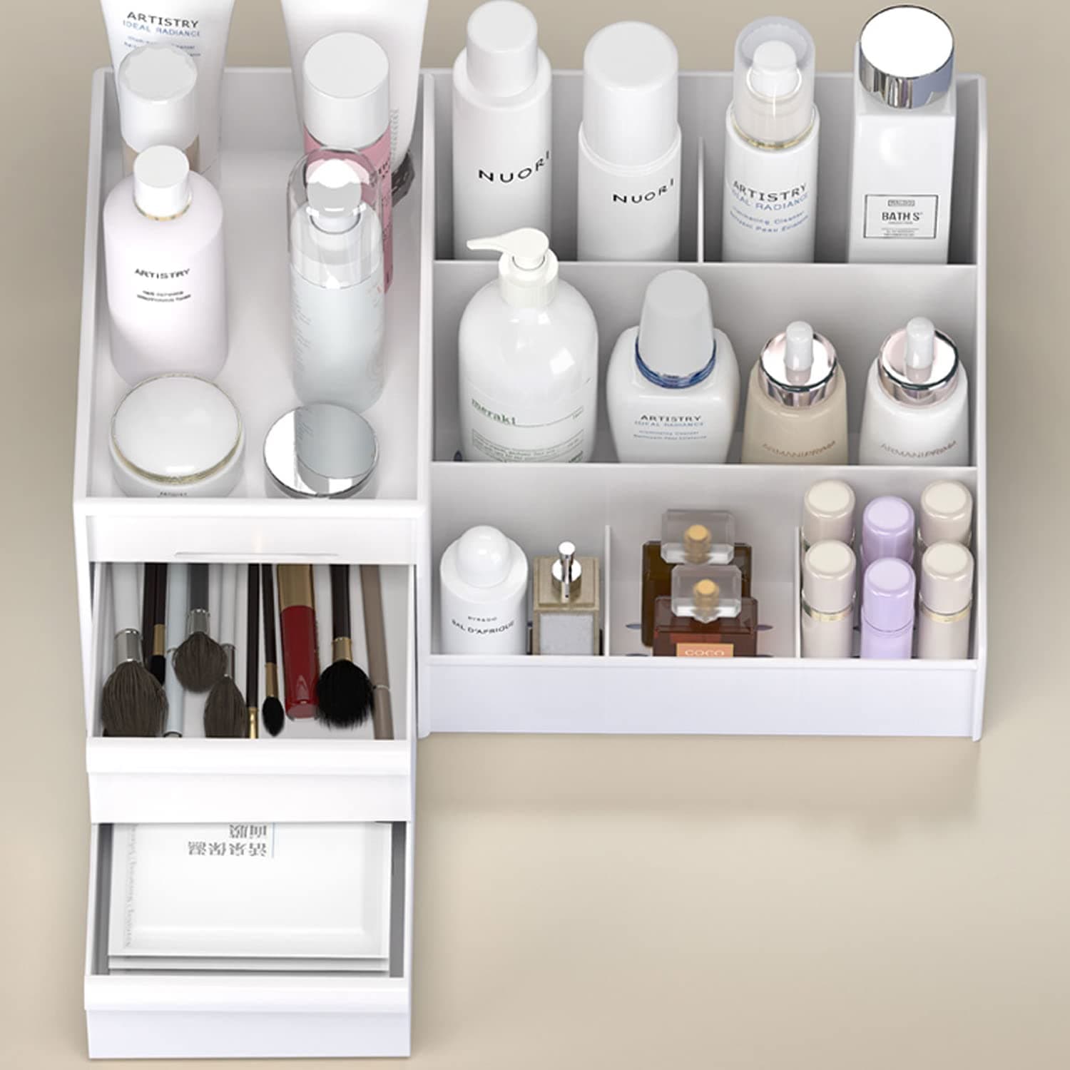 Yotsuba Clarity Cosmetic Organizer with 2 Drawers - Clear Makeup Organizer & Skincare Organizer for Bathroom & Desktop, Multifunctional Jewelry and Cosmetic Organizer Cabinet, White thumbnail 7