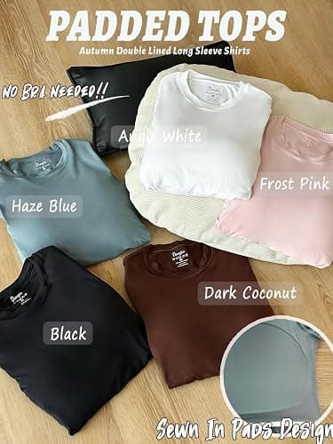 Danysu Double Lined High Round Neck Long Sleeve Tops for Women with Built in Bra Nylon Basic Crop Fall Tee Shirts thumbnail 3