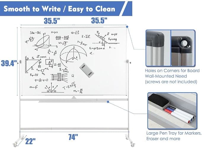 FORTUNO Large Magnetic Mobile Whiteboard 72"x40", Rolling Double Sided Stand Whiteboard on Wheels, Reversible Adjustable Height/Angle Dry Erase Board Easel White Board for Office Classroom thumbnail 3