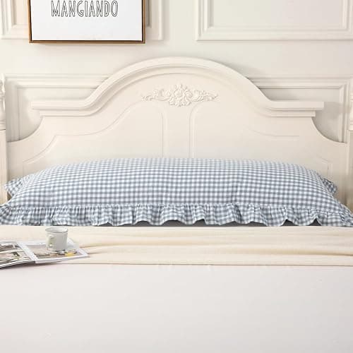 Silnuo Light Blue Plaid Body Ruffle Pillow Sham,Washed Cotton Shabby Checkered Gingham Long Pillow Cover (1 Piece) thumbnail 7