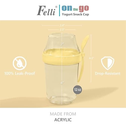 Felli On The Go Yogurt Parfait Snack Cup with Lid, Reusable Leak Proof Acrylic Travel Container for To Go Cereal Granola Milk, 12 oz Clear Mason Jar with Spoon & Crunch Fruit Holder (2, Yellow) thumbnail 3