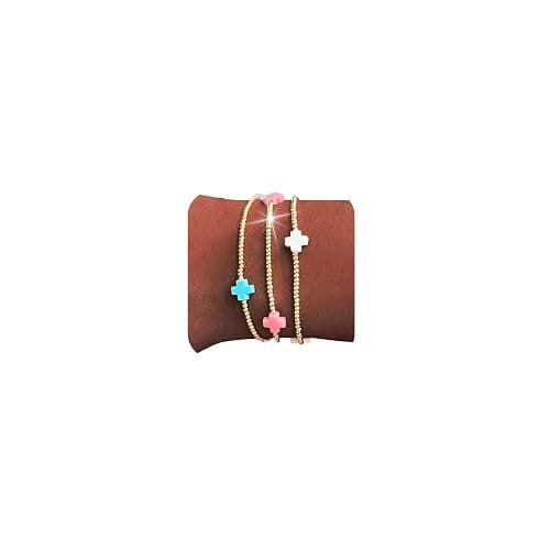choice of all Gold Bracelets for Women Trendy Beaded Bracelet Non Tarnish Stack Cross Pearl Beaded Stretch Bracelets Jewelry Gifts for Women - B4:cross beaded bracelets-3pcs - Image 1