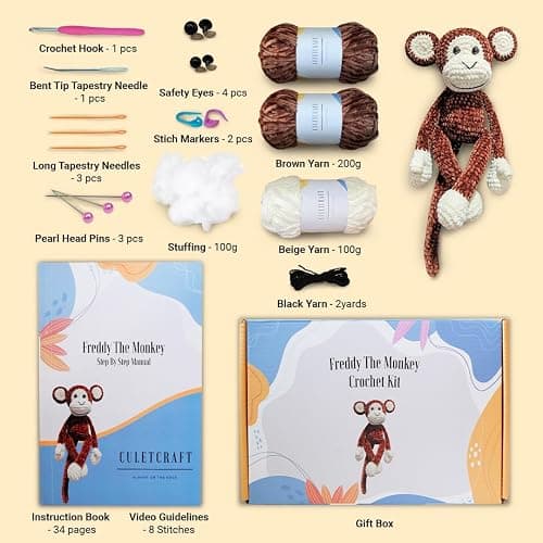 CULETCRAFT Crochet Kit for Beginners Adults, Freddy The Monkey DIY Crochet Animal Kit for Beginners, Learn to Crochet with Step-by-Step Instruction Book, Beginner Crochet Kit for Adults and Kids thumbnail 2