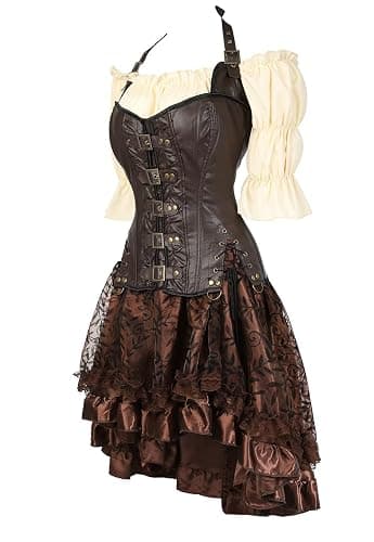 Grebrafan Steampunk Corsets Skirt Blouse Set Tight Lace Corset Outfits for Women thumbnail 2