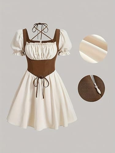 AstralElegance Halterneck Tie At Front, Puff Sleeves, Pleated Chest, Tie Design At Waist Contrast Dress thumbnail 3
