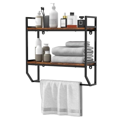 LOKO 2-Tier Bathroom Towel Rack with Shelf, Industrial Over The Toilet Shelf with Towel Bar, Wall Mounted Hanging Shelf with Towel Holder, Rustic Storage Organizer Shelves for Living Room, Kitchen - Image 1