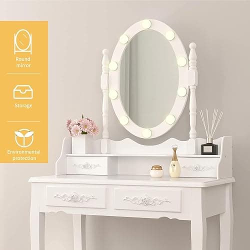 Alohappy Girls Makeup Vanity Set, Dressing Table Desk with Lighted Mirror and Stool, Makeup Table with 4 Drawers for Bedroom, Bathroom (Vanity with Lighted Mirror) thumbnail 5