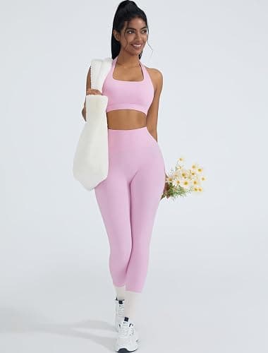 OMKAGI 2 Piece Workout Sets for Women Halter Sports Bras Gym Sets Booty Leggings Outfits thumbnail 2
