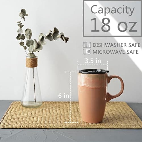 Bosmarlin Ceramic Travel Coffee Mug with Handle and Lid, 18 oz, Portable Coffee Cup for Car Cup Holder, Microwave and Dishwasher Safe, Reactive Glaze (Light Orange) thumbnail 3