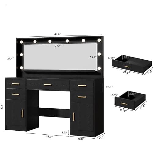 TOKSOM 44.8" Large Vanity Desk with Lighted Mirror & Power Outlet, Black Makeup Vanity Desk with Mirror and Lights, Black Vanity Table with 5 Drawers and 2 Cabinets, Dressing Table for Bedroom thumbnail 2