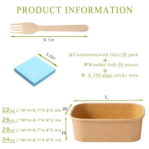 50-Pack 22oz Kraft Paper Bowls Disposable with Lids and Wooden Forks, Disposable Meal Prep Containers Paper Food Prep Containers with Lids, To Go Container for Hot Soup/Salad, Freezer & Microwave Safe thumbnail 3