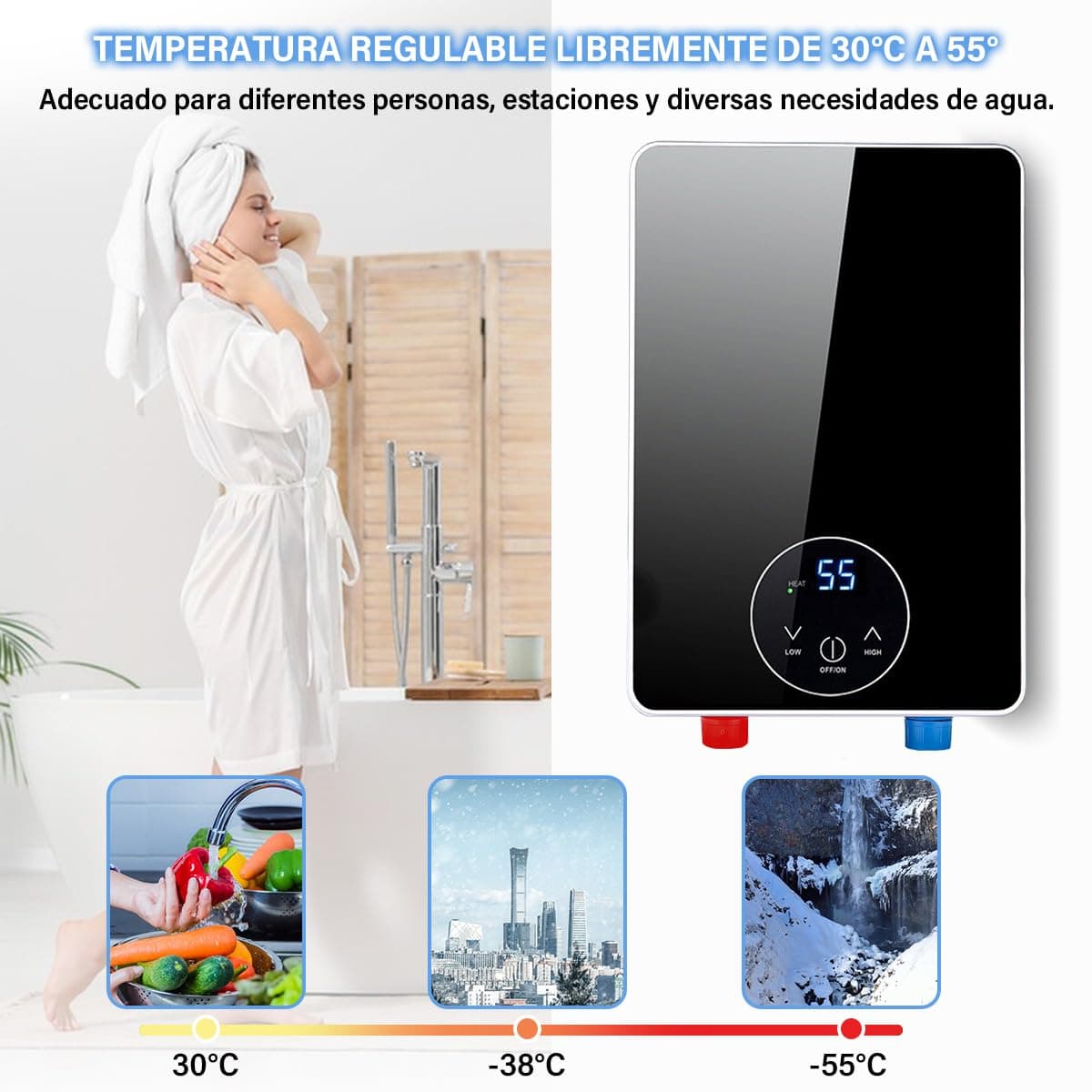 Calentador de Agua Electrico, Calentador de Agua Instantáneo con Rociador de Ducha, Temperatura Ajustable, Boiler Electrico para Hogar Agua Caliente, Calentador de Paso sin Tanque para Cocina Baño thumbnail 3