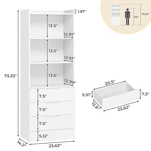 DICTAC 73.23'' Tall Storage Cabinet Bookcase with 3 Drawers and 3-Tier Open Shelves Wooden Bookshelf Kitchen Pantry Storage Organizer Cabinets for Living Room, Study, Kitchen,Bathroom,White thumbnail 3