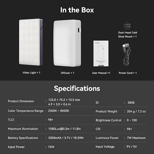 SMALLRIG RGB Video Light, RM120 Portable on Camera Light, 5000mAh 2500K-8500K CRI 98+, Éclairage de Vidéoconférence Professionnel Full Color LED Light Panel pour Vlog, Photography - 3808 thumbnail 9