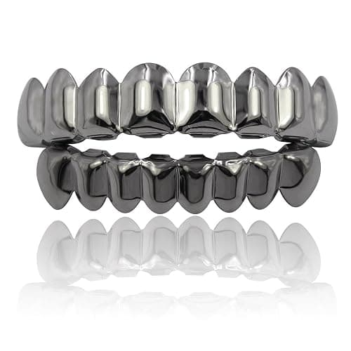JINAO Grillz Gold Grills for Your Teeth Fake Teeth 18K Gold Plated Iced out 8 Top Teeth 8 Bottom Tooth Grillz for Men Women Hip Hop Rapper Costume - Image 1