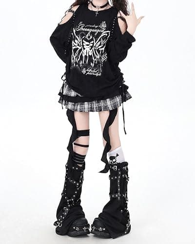 Women Goth T Shirt Harajuku Anime Graphic Y2K Tops Long Sleeve Off Shoulder Grunge Aesthetic Clothes thumbnail 5