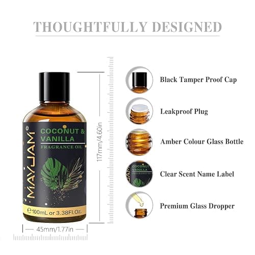 MAYJAM 100ML/3.38FL.OZ Coconut & Vanilla Fragrance Oils with Glass Dropper, Essential Oils for Diffusers for Home, Long Lasting Scented Oils for Diffusers Soap Candle Making thumbnail 9