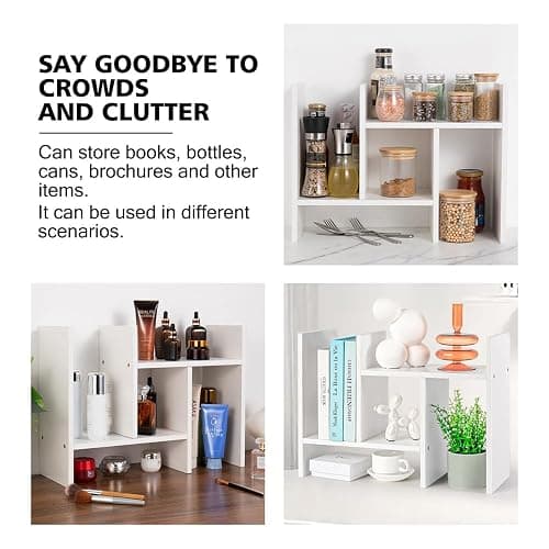 Meikuler Desktop Shelf Organizer, Adjustable Wood Display Desk Shelf, Office Storage Rack Tabletop Bookshelf Multipurpose Shelves for Home Decor, Office, Gifts thumbnail 4