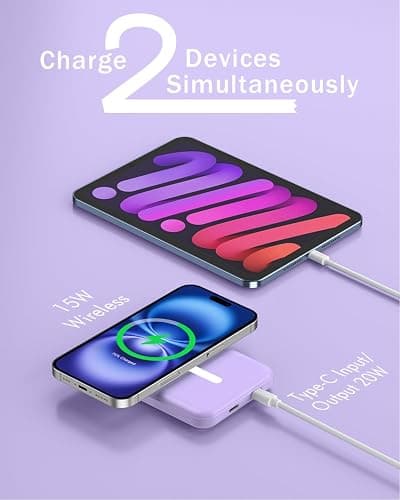 podoru for MagSafe Power Bank 5000mAh, Ultra-Slim Magnetic Portable Charger | 20W PD Fast Charging, Travel Essentials with USB-C Cable, Wireless Battery Pack for iPhone 17/16/15/14/13/12 Series-Purple thumbnail 5