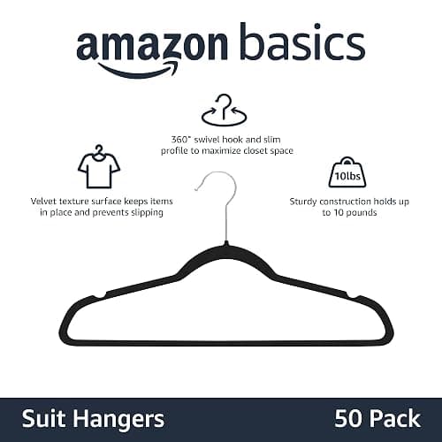 Amazon Basics Slim, Velvet, Non-Slip Suit Clothes Hangers, Pack of 50, Black thumbnail 4