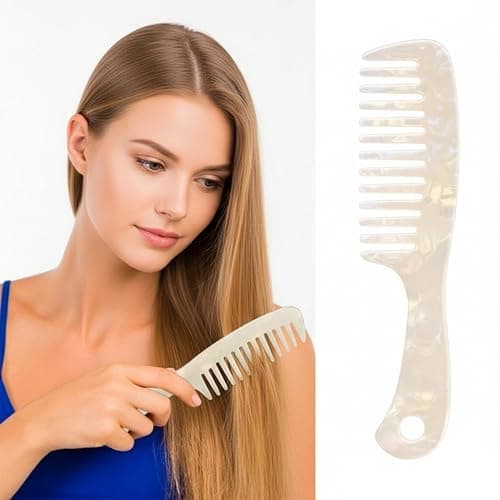 Large Wide Tooth Hair Comb, LADYAMZ [Tortoise Shell] Cellulose Acetate Round Tooth Comb for Straight/Curly Hair,Short/Long Hair Women Men or Kids, Easy Detangling Wet or Dry, Anti-static (White) - Image 1