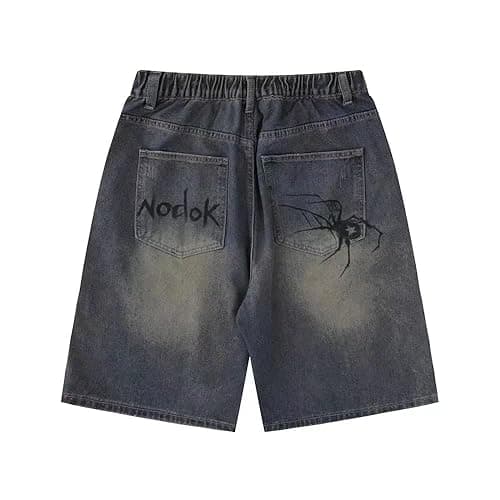 POHADON Y2K Blue Denim Shorts Summer Casual Loose Straight Leg Unisex Baggy Jeans Shorts Jorts Grunge Harajuku Streetwear - Small - Spider thumbnail 5