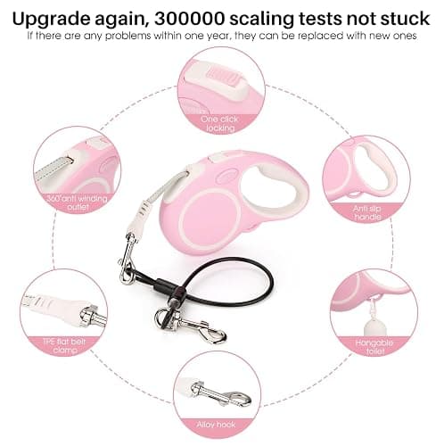 WRSOMIT Upgraded 16 Ft Retractable Dog Leash with Chew Proof Cable - Pink | Heavy Duty Dog Leash with Poop Bag Dispenser for Small Medium Large Dogs up to 120lbs, 360° No Tangle, One-Handed Brake thumbnail 3