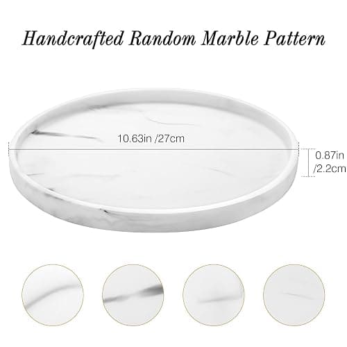 Luxspire Round Vanity Tray, 10.63 Inch Bathroom Vanity Tray Resin Kitchen Sink Tray, Countertop Organizer Tray for Perfume Towel Dresser Jewelry Candle, Coffee Table Decorative Tray, Marble White thumbnail 3