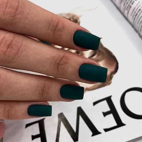 Matte Dark Green Press on Nails Short Medium Square Glue on Nails Set,KQueenest Solid Color Fake Nails Short Coffin Acrylic Nails Press on Gel Nails for Women Reusable False Nails in 24 Pcs - matte dark green thumbnail 2