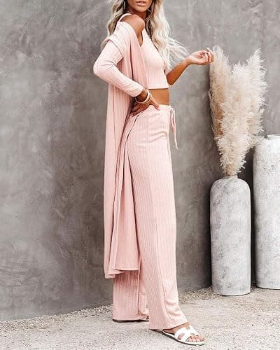 3 Piece Lounge Pajamas Sets for Women Airport Travel Vacation Outfits Spring Cardigan Matching Sleeveless Vest Pants Set thumbnail 3