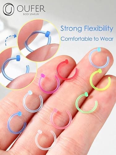 OUFER 20G Nose Ring Hoop, Colorful Clear Bioflex Acrylic Open Neon Nose Rings, Retainer Piercing Jewelry, Tragus Cartilage Helix Daith Lobe Earrings Piercing Retainer for Women Men thumbnail 4