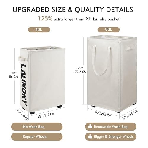 DOKEHOM 90L X-Large Laundry Basket with Removable Wash Bag on Wheels, Collapsible Rolling Laundry Hamper, Foldable Clothes Organizer, Folding Washing Bin (Beige) thumbnail 3