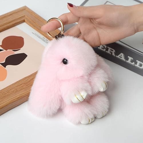 VZZNN 2 Pack Cute Bunny Plush Keychain for Backpack 5.9 Inch Handmade Soft Rabbit Pompom Pendant Rabbit Cute Plush Keychain (Pink + Gray) thumbnail 5
