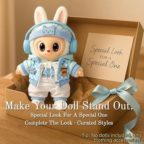 Blue Hoodie Outfit Set for 17cm / 6.69in Doll – Casual Streetwear Clothes with Headphones, Plaid Jacket, Pants and Shoes – (Doll Not Included) thumbnail 6